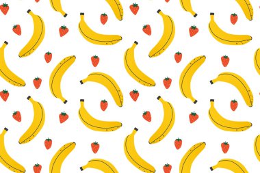Yazın muz ve çilekli dikişsiz meyve deseni, yaz temalı giyim, ev dekorasyonu, ambalaj, kırtasiye malzemeleri ve tebrik kartları için mükemmel.