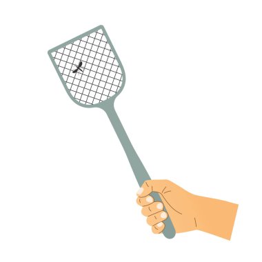 mosquito and hand holding fly swatter, concept of eliminate insects at home- vector illustration clipart