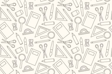 back to school seamless pattern with chalkboard, scissors, pencil, brush, microscope, globe, book, spiral notebook, magnifier, triangle ruler icons- vector illustration