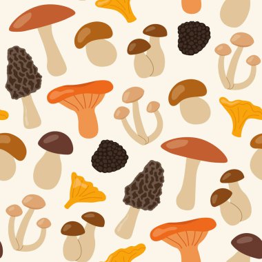 Farklı yenilebilir mantarlara sahip kusursuz desen: safran süt başlığı, mantar, mantar, mantar, mantar, porcini; moreller; sonbahar arkaplanı - vektör çizimi