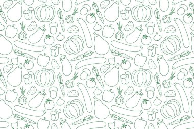 yeşil sonbahar sebzeleri biber, patlıcan, mantar, domates, soğan, havuç, patates, sarımsak, kabak, balkabağı, ikon ile dikişsiz desen; organik gıda ürünleri için harika bir ambalaj - vektör çizimi