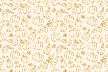 Farklı balkabağına sahip kusursuz desen; Cadılar Bayramı, sonbahar arkaplanı - vektör illüstrasyonu