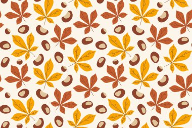 Kestane yaprakları ve fındıklı kusursuz desen; sonbahar arkaplanı - vektör illüstrasyonu