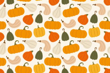 Renkli balkabaklarıyla kusursuz desen; sonbahar, Şükran Günü, Cadılar Bayramı arkaplan çizimi