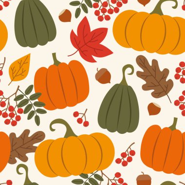 Balkabakları, Rowan, meşe palamudu, fındık ve yaprakları ile kusursuz desen; sonbahar arkaplanı - vektör illüstrasyonu