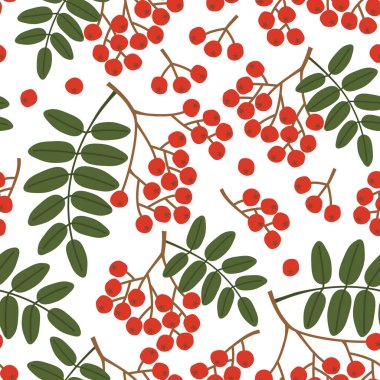 Yeşil yapraklı bir grup Rowan ile pürüzsüz desen; sonbahar arkaplanı - vektör illüstrasyonu