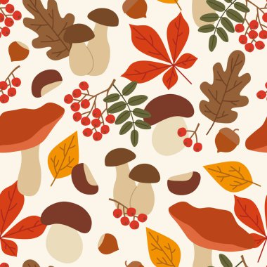 Farklı yenilebilir mantarlar, rowan dalları, meşe palamutları, fındık ve yapraklarla kusursuz desen; sonbahar arkaplanı - vektör illüstrasyonu