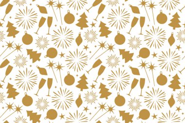 Kusursuz noeller, şampanya bardakları, havai fişekler, havai fişekler, takılar ve yıldız çizimleri olan yeni yıl arifesi altın desenleri.