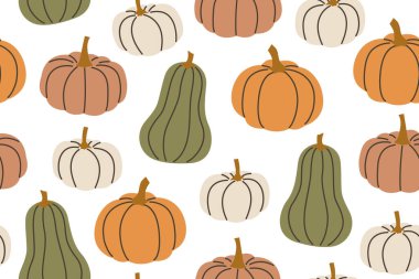 Farklı balkabağına sahip kusursuz desen; Cadılar Bayramı, sonbahar arkaplanı - vektör illüstrasyonu