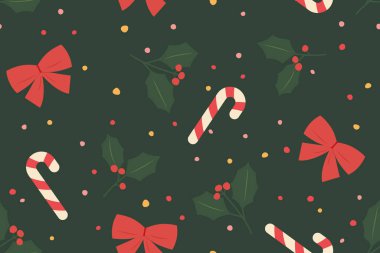 Noel şekerleri, kırmızı kurdeleler, kutsal meyveler ve renkli noktalar ile Noel 'in kusursuz desenleri; ambalaj, tebrik kartları, sosyal medya grafikleri, vektör çizimleri...