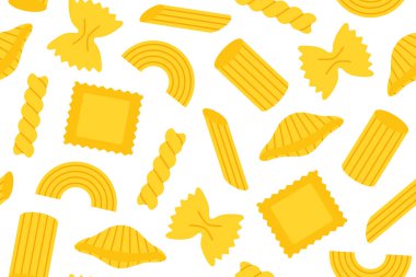 Farklı makarna türlerine sahip kusursuz desenler: makarna; mantı; ravioli; farfalle; fusilli, conchiglie, rigatoni, - vektör çizimi