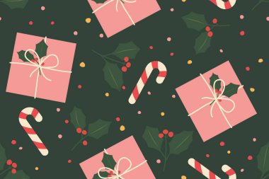 Noel şekerleri, hediye kutuları, kutsal meyveler ve renkli noktalar ile noel aralıksız desen; paketleme, tebrik kartları, sosyal medya grafikleri, vektör illüstrasyonları-