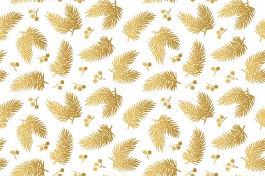 Köknar dalları ve kutsal meyveler ile kusursuz altın desen; Noel, kış arkaplan - vektör resimleme