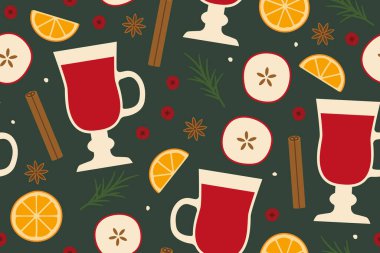karanfil, tarçın çubuğu, portakal, elma, kızılcık ve biberiye ile dikişsiz şarap festivali şenliği; kışın arka plan vektör çizimi