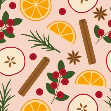 karanfil, tarçın çubuğu, portakal, elma, kızılcık ve biberiye ile dikişsiz şarap festivali şenliği; kışın arka plan vektör çizimi