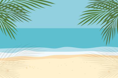 Sakin deniz ve palmiye yapraklarıyla tropik plaj - vektör çizimi