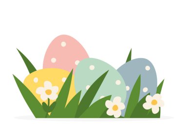 Çimenlerdeki renkli paskalya yumurtaları; yumurta avı kavramı genellikle doğu vektör illüstrasyonunda oynanan bir oyundur.