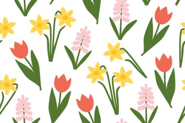 Paskalya, bahar, lale, sümbül ve nergis çiçekleriyle kusursuz desenler.