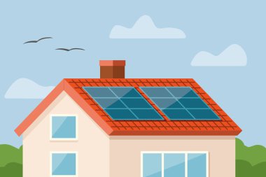 single-family house with solar panels on the roof; symbolizing sustainable living and renewable energy; perfect for eco-friendly concepts, green technology, and architectural visuals- vector illustration clipart