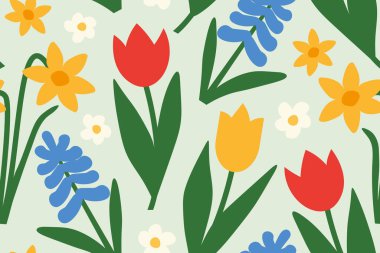 Paskalya, bahar, lale, sümbül, papatya ve nergis çiçekleriyle kusursuz desenler.