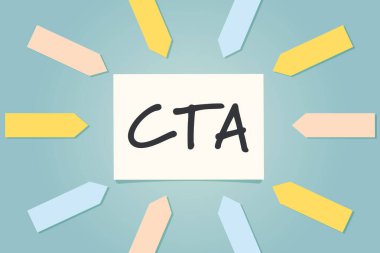 Kağıtlar üzerinde CTA (Eyleme Çağrı) kısaltma vektör çizelgesi olan not kartına işaret ediyor