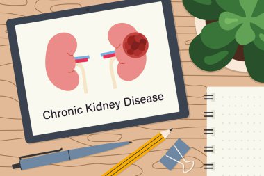 Böbrekleri CKD Kronik Böbrek Hastalığı ile gösteren dijital tablet; tıbbi ve eğitim içeriği; CKD konseptinin farkındalığı, teşhisi - vektör çizimi