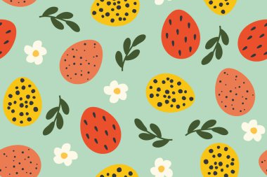 Kusursuz yay, renkli yumurtalar ve çiçek elementleriyle paskalya deseni. Vektör çizimi.