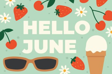 Merhaba Haziran metni ile dondurma, kiraz, çilek, güneş gözlüğü ve çiçek ikonu - vektör illüstrasyon