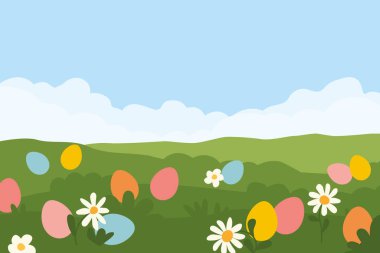 spring meadow landscape with colorful easter eggs, tradition of egg hunt; hiding eggs for children to find- vector illustration clipart