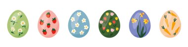 set of different colorful easter eggs decorated with daisy, strawberries, tulips, daffodils and carrots - vector illustration clipart