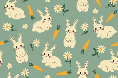 cute easter, spring seamless pattern with bunnies, daisies and carrots; great for wrapping, greeting cards, social media graphics- vector illustration clipart