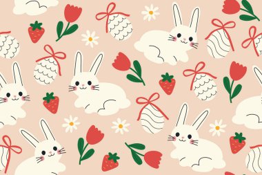 Paskalya, bahar, tavşanlar, çilekler, yumurtalar ve çiçeklerle kusursuz desen; ambalaj, tebrik kartları, sosyal medya grafikleri-