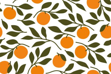 Turuncu meyve dallarıyla kusursuz desenler ambalaj, tebrik kartları, kumaşlar ve vektör illüstrasyonları için birebir.