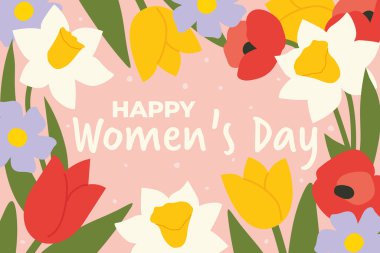 Happy Women's Day text and spring flowers; perfect for greeting cards, posters, social media posts, invitations, and banners -vector illustration clipart