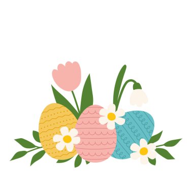 Renkli Paskalya yumurtaları ve çiçek elementleri - vektör illüstrasyonu