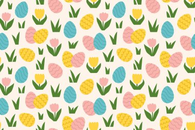 Çimenlerin üzerinde renkli paskalya yumurtaları olan kusursuz desenler; üst görünüm; yumurta avı kavramı ki bu genellikle doğu vektör çizimi sırasında oynanan bir çocuk oyunudur