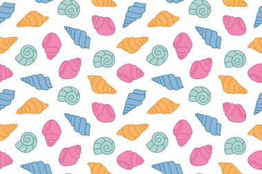 Deniz kabuklarının kusursuz yaz şablonu, yaz temalı giysiler, ev dekorasyonu malzemeleri, duvar kağıtları, ambalaj vektör çizimi için harika.