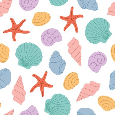 Deniz kabukları ve deniz yıldızlarının kusursuz yaz desenleri, yaz temalı giysiler, ev dekorasyonu malzemeleri, duvar kağıtları, ambalaj vektör çizimleri için harika.