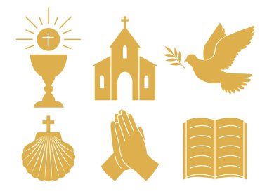Altın Hıristiyanlık simgesi seti: Kutsal komünyon kadehi, kilise, zeytin dallı güvercin, vaftiz kabuğu, dua eden eller ve incil- vektör çizimi
