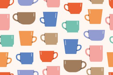 Farklı kahve, çay fincanlarının kusursuz deseni, ambalaj, tekstil, duvar kâğıdı, tebrik kartı illüstrasyonu-