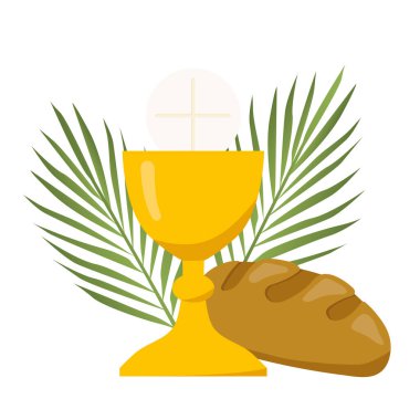 Altın kutsal komünyon kadehi, palmiye yaprakları ve ekmek; ilk kutsal komünyon davetiyeleri ve tebrik kartları için tasarım elementi - vektör illüstrasyon