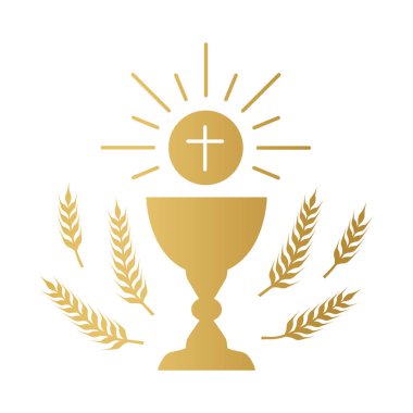 Altın kutsal komünyon kadehi ve buğday kulakları; ilk kutsal komünyon davetiyeleri ve tebrik kartları için tasarım elementi - vektör illüstrasyon