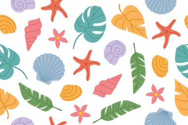 Renkli palmiye yaprakları ve deniz kabukları ile kusursuz yaz deseni; plaj temalı tasarımlar ve tropikal vektör çizimi için mükemmel