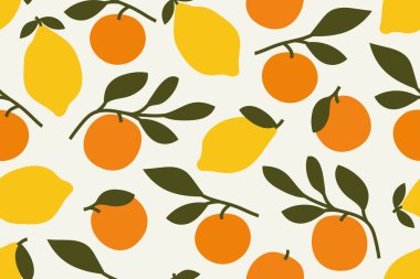 Limonlu ve turuncu meyveli, yapraklı, kusursuz yaz deseni.