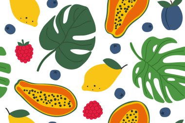 Monstera yaprakları, papaya, limon, erik, böğürtlen ve ahududu örnekleriyle renksiz yaz şablonu.
