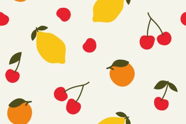 Limonlu, portakallı ve yapraklı kiraz meyveli dikişsiz yaz deseni.