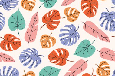 Renkli palmiye yaprakları pürüzsüz desen; tekstil, duvar kağıtları, ambalaj ve tropikal temalı tasarım projeleri için idealdir.