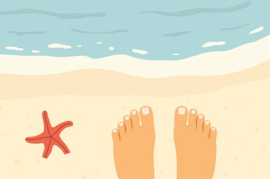 Tropikal plajda kadın ayakları ve yıldız balıkları, üst görünüm; yaz temalı tasarımlar, seyahat acenteleri promosyonları, ya da rahat bir sahil havası uyandıran sosyal medya paylaşımları için mükemmel - vektör çizimi