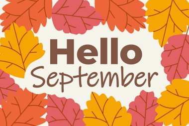Merhaba Eylül metin sonbahar renkli yapraklar ile çevrili; mevsimsel tebrik kartları, takvimler, sonbahar temalı tasarımlar için mükemmel
