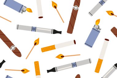 Farklı tütün ürünleri ile kusursuz desen; farkındalık projeleri, sigara karşıtı kampanyalar, moda baskıları veya temalı ambalaj - vektör illüstrasyonu için ideal